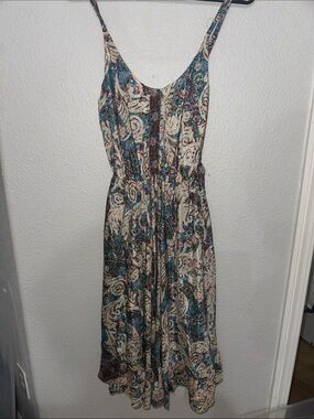 Cream Paisley Midi Dress with Teal and Brown Accents